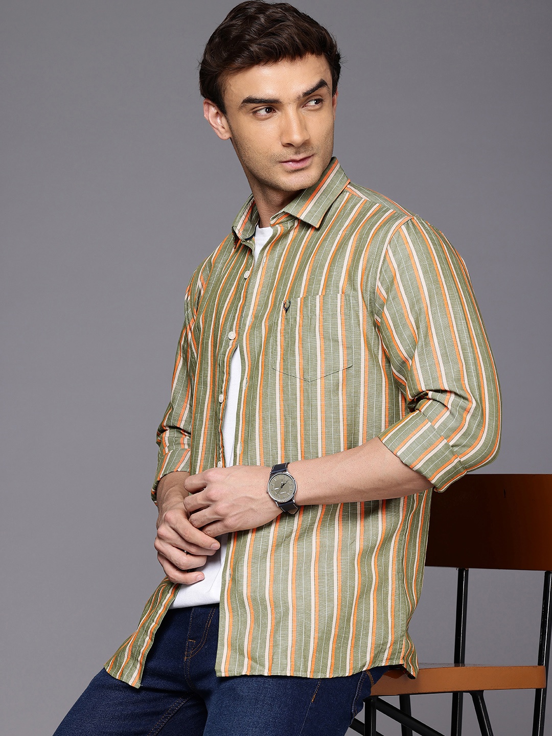

Allen Solly Sport Fit Striped Casual Shirt, Olive