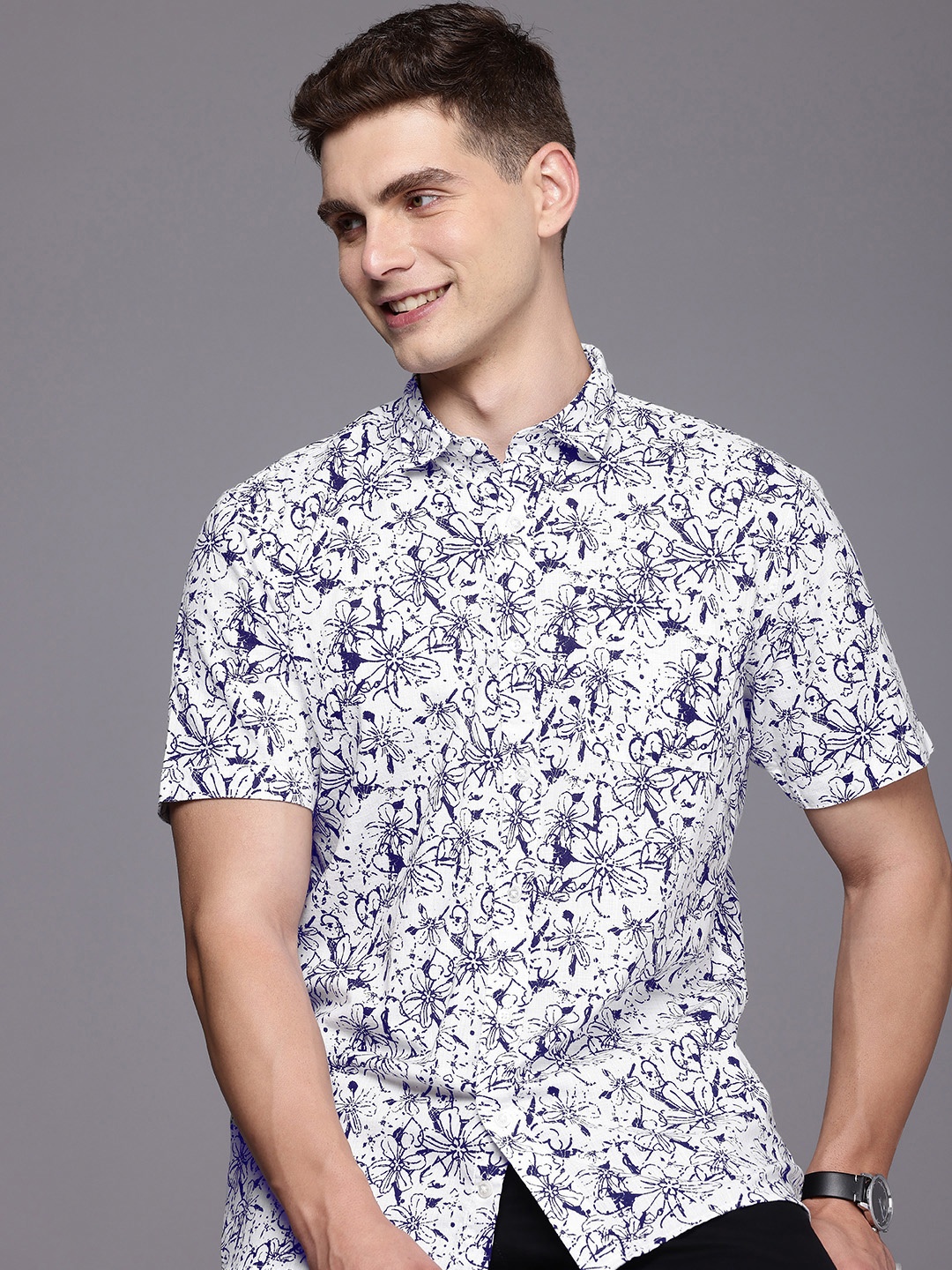 

Allen Solly Classic Fit Floral Printed Cutaway Collar Pure Cotton Casual Shirt, White