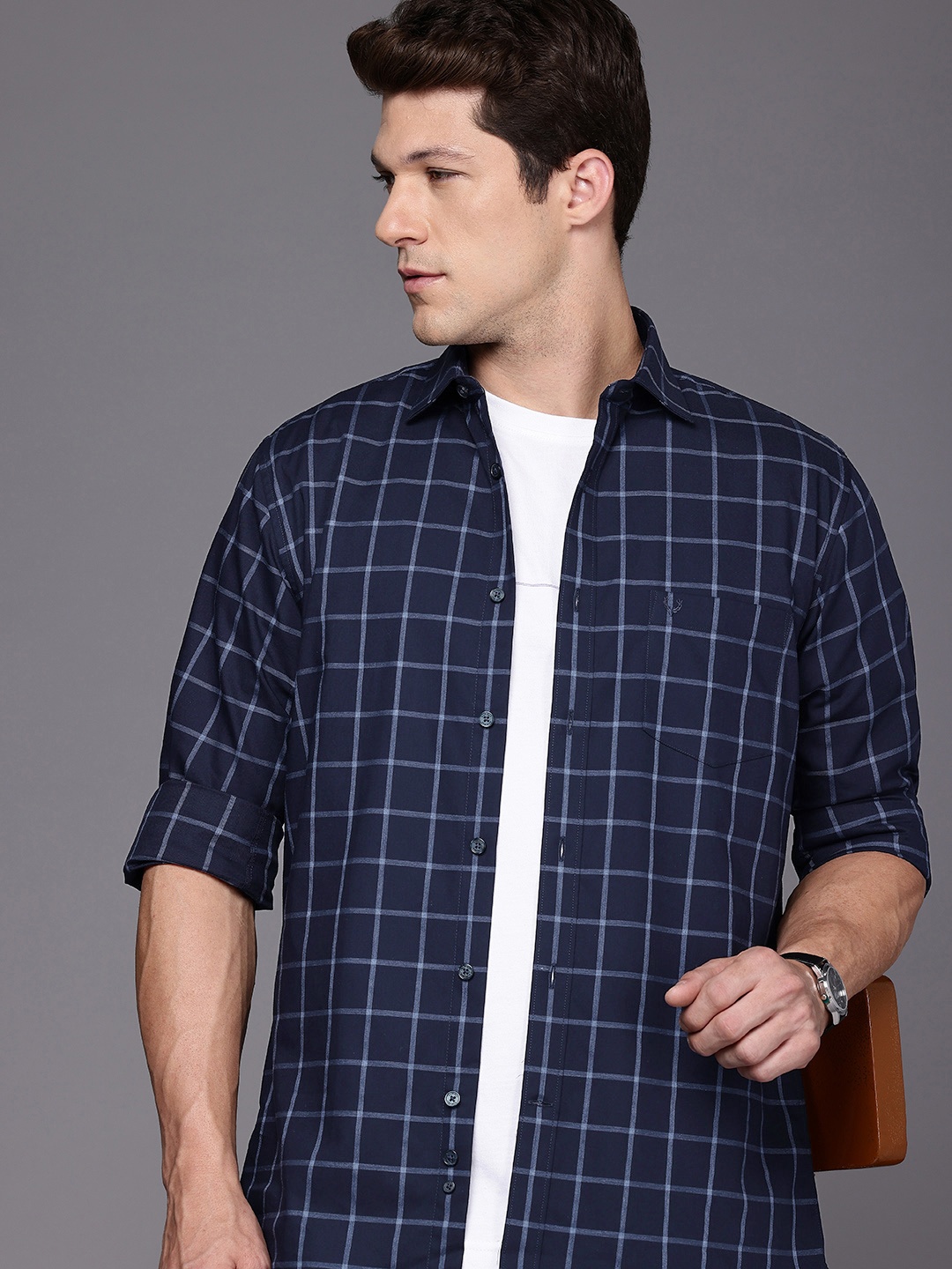 

Allen Solly Pure Cotton Sport Fit Windowpane Checked Casual Shirt, Navy blue