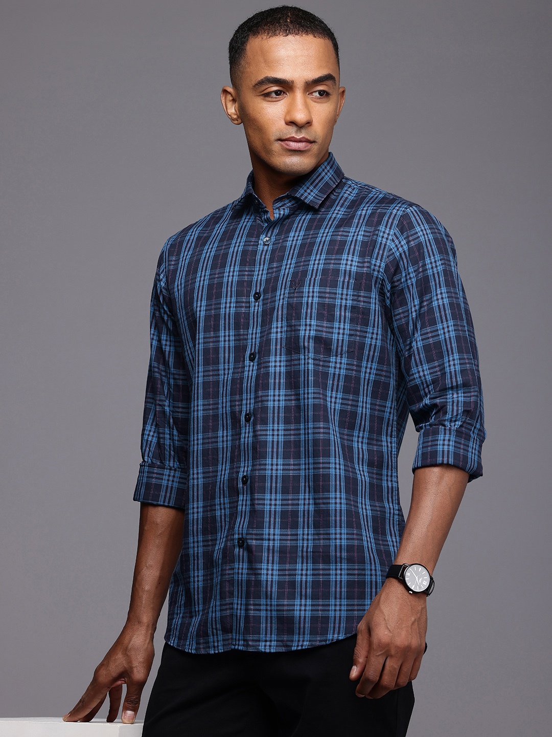 

Allen Solly Pure Cotton Classic Fit Opaque Checked Casual Shirt, Navy blue