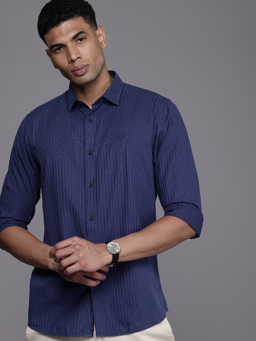 

Allen Solly Pure Cotton Classic Fit Opaque Striped Casual Shirt, Navy blue