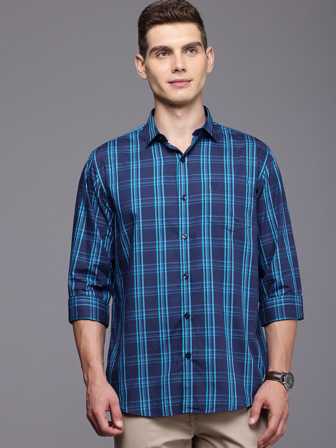 

Allen Solly Pure Cotton Sport Opaque Checked Casual Shirt, Navy blue