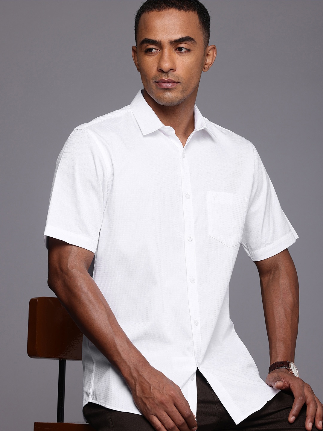 

Allen Solly Classic Fit Textured Self Design Cutaway Collar Pure Cotton Casual Shirt, White