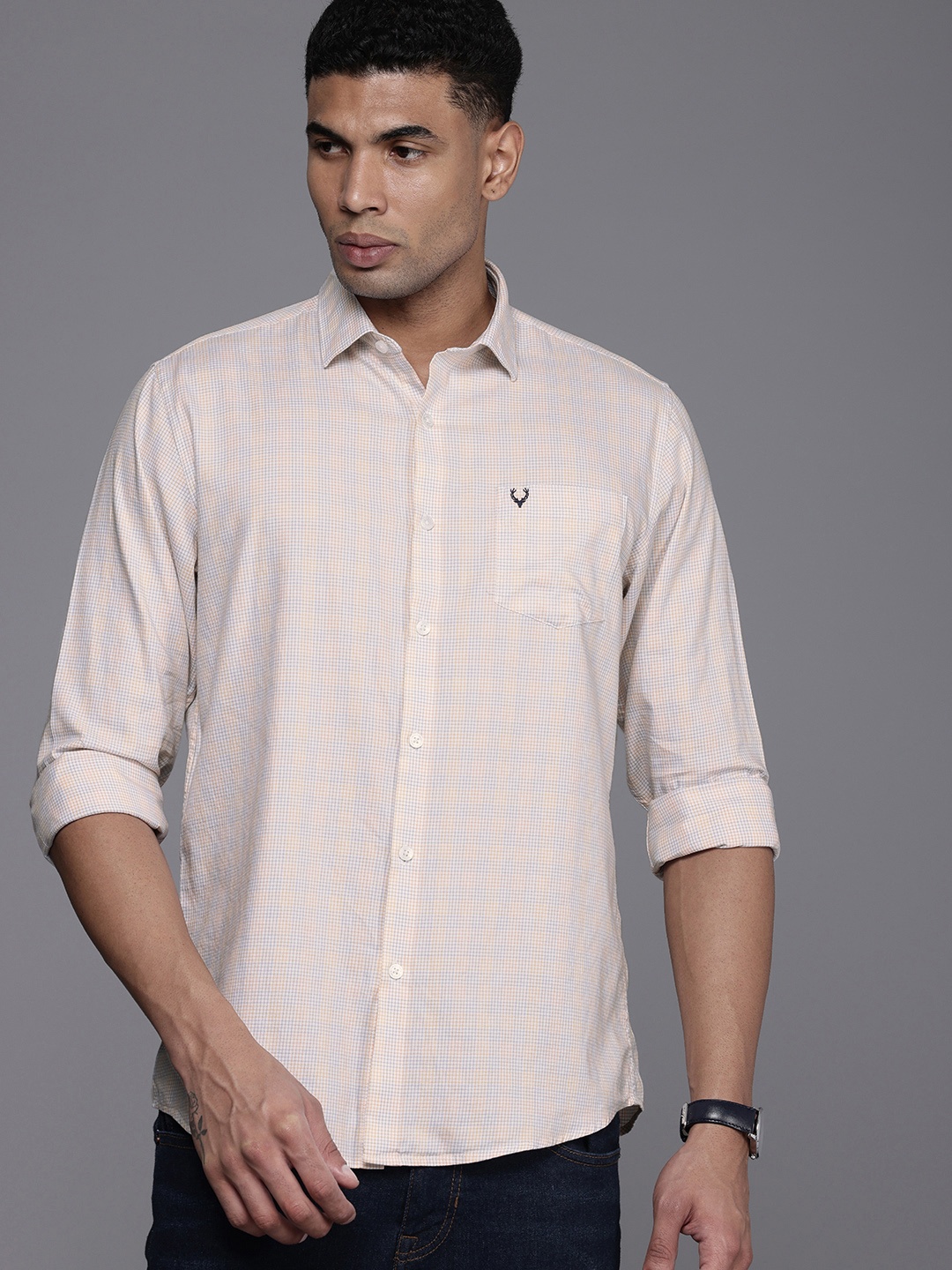 

Allen Solly Classic Fit Micro Checks Cutaway Collar Pure Cotton Casual Shirt, Peach