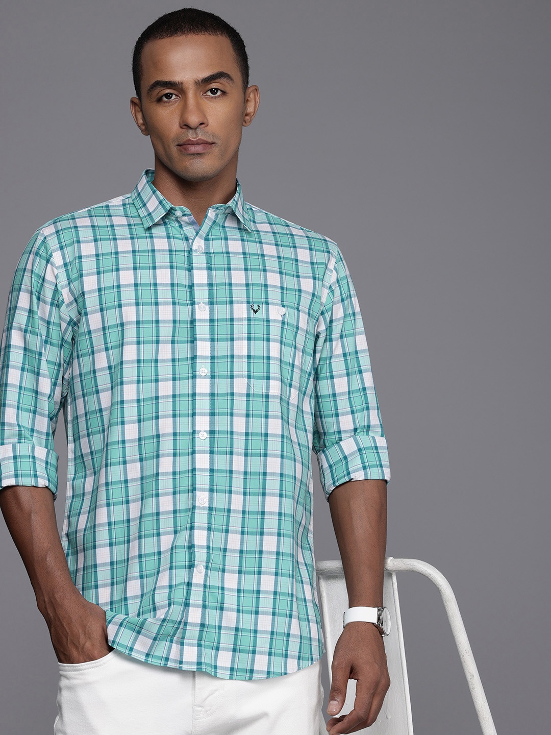 

Allen Solly Pure Cotton Sport Fit Checked Casual Shirt, Turquoise blue