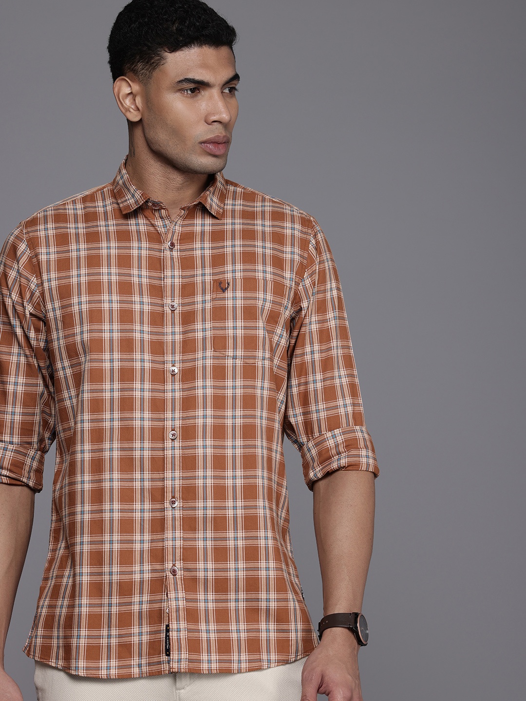 

Allen Solly Pure Cotton Custom Opaque Checked Casual Shirt, Brown