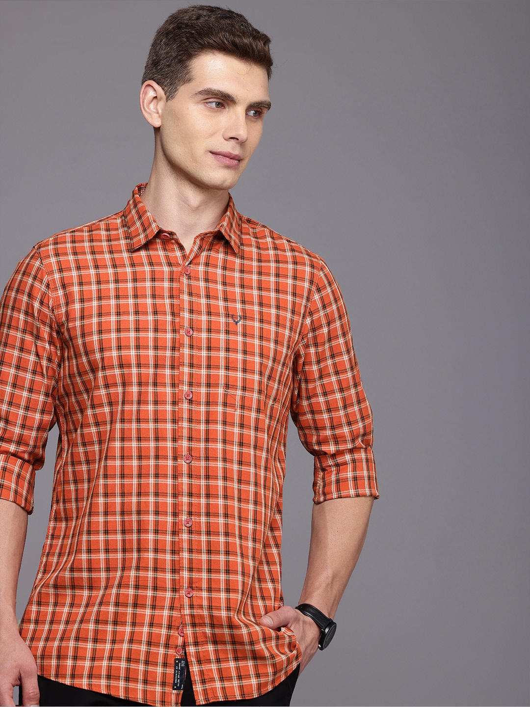 

Allen Solly Pure Cotton Custom Opaque Checked Casual Shirt, Orange
