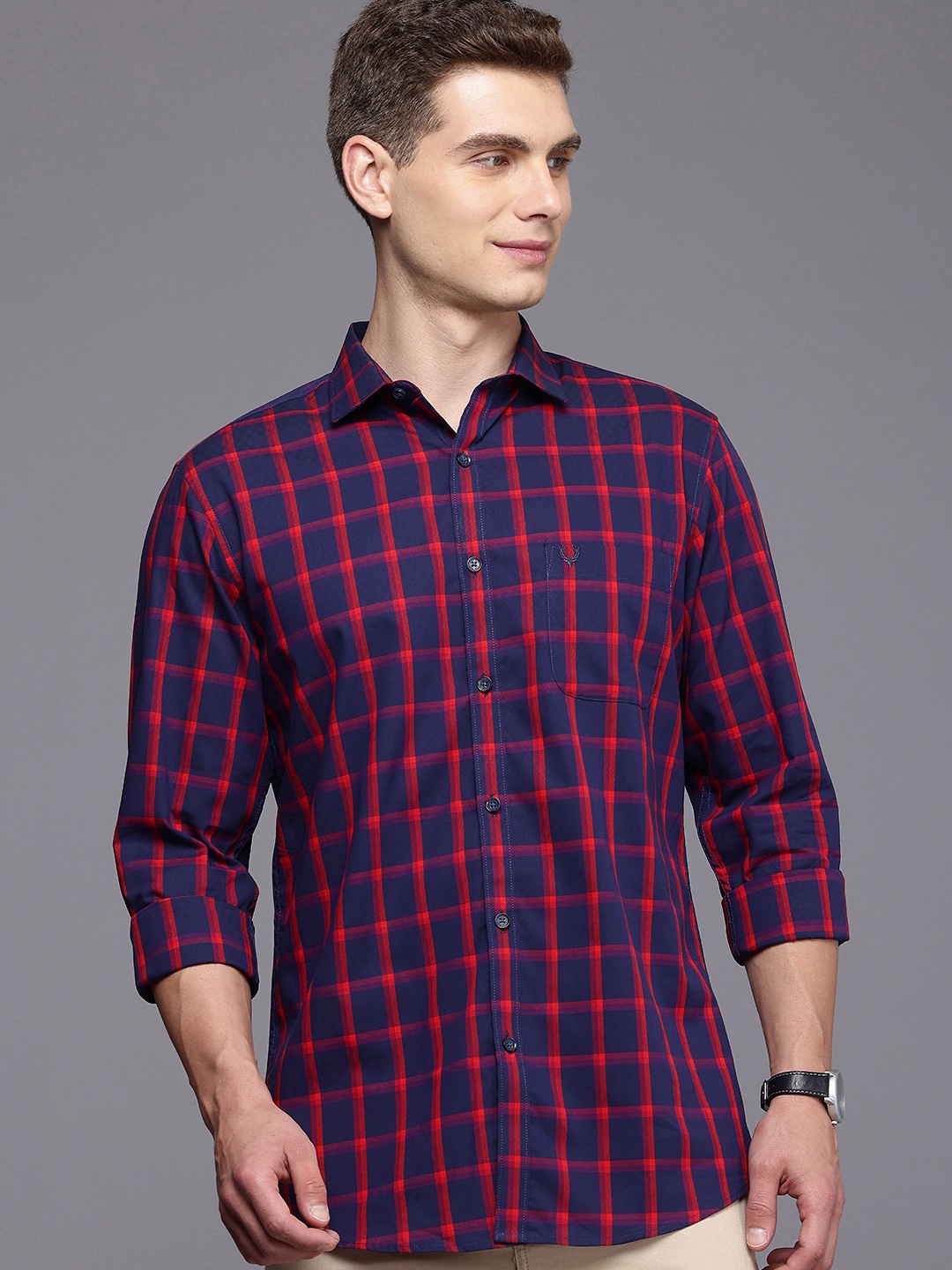 

Allen Solly Pure Cotton Classic Fit Opaque Checked Casual Shirt, Navy blue