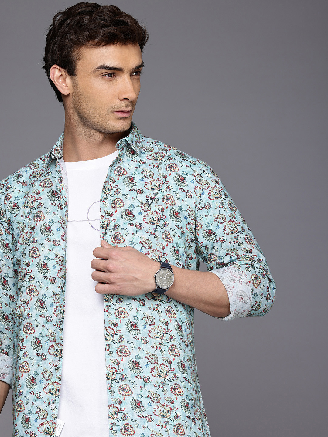 

Allen Solly Linen Cotton Classic Fit Opaque Floral Printed Casual Shirt, Blue