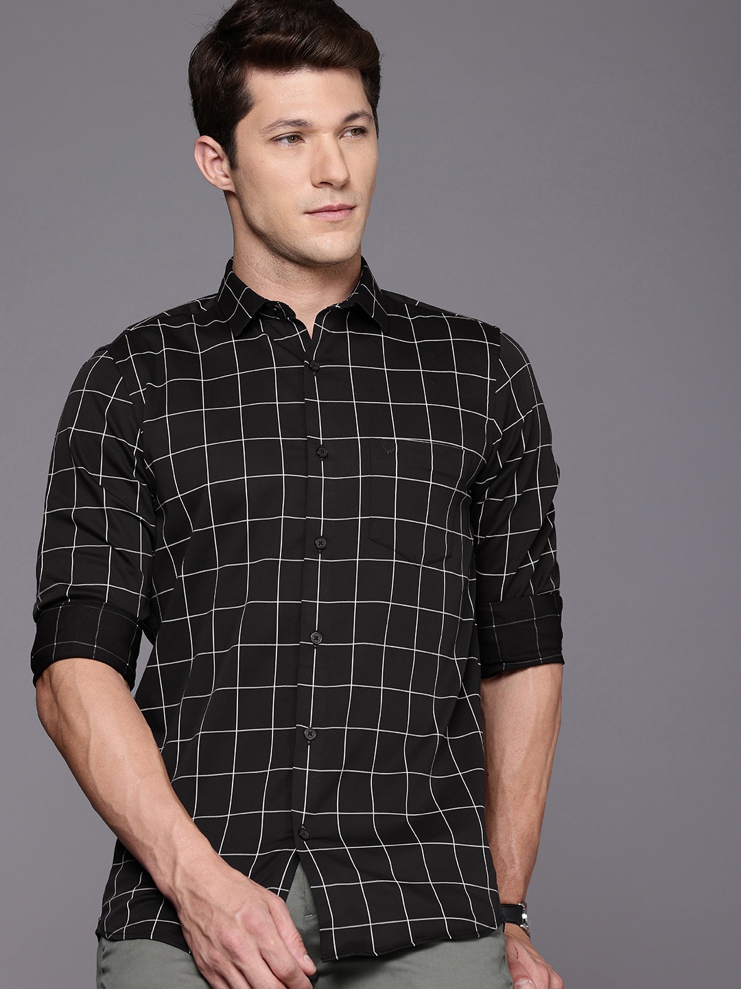 

Allen Solly Comfy Modern Slim Fit Windowpane Checked Casual Shirt, Black