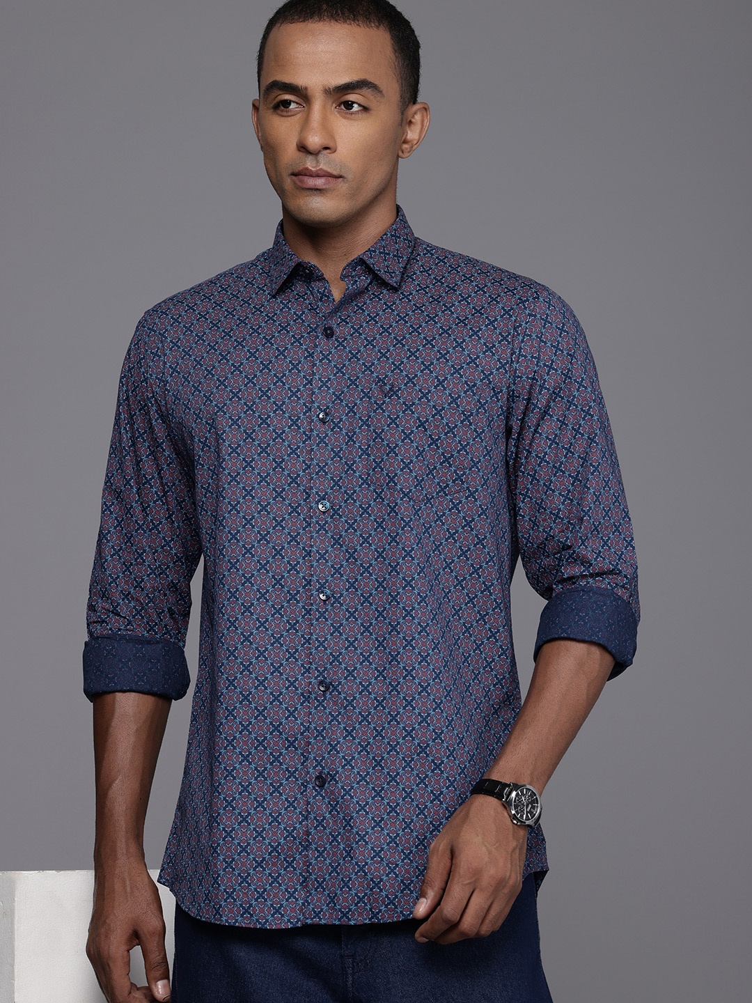 

Allen Solly Pure Cotton Classic Fit Opaque Printed Casual Shirt, Navy blue