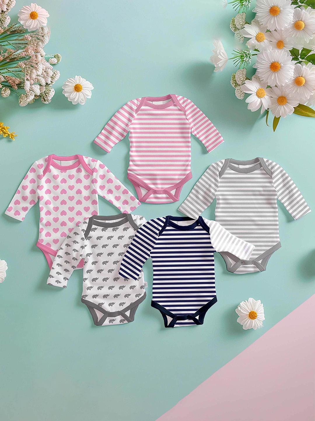 

Kidbea Infants Pack Of 5 Printed Cotton Bodysuit, Pink