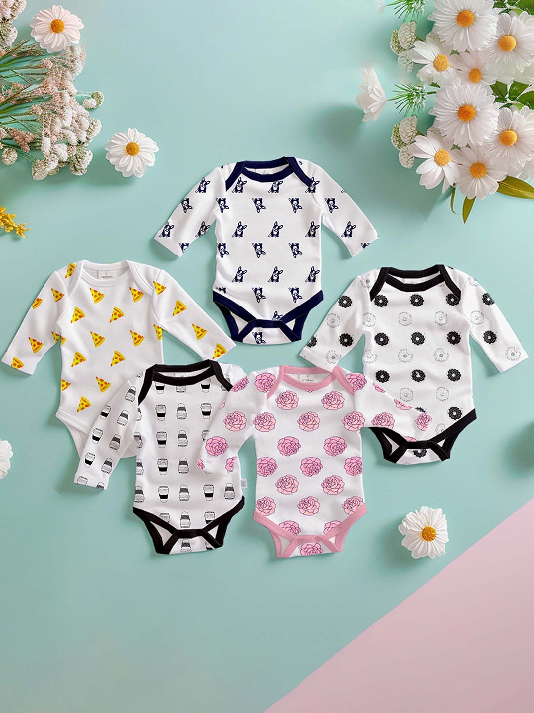 

Kidbea Pack Of 5 Infants Printed Pure Organic Cotton Bodysuits, Pink