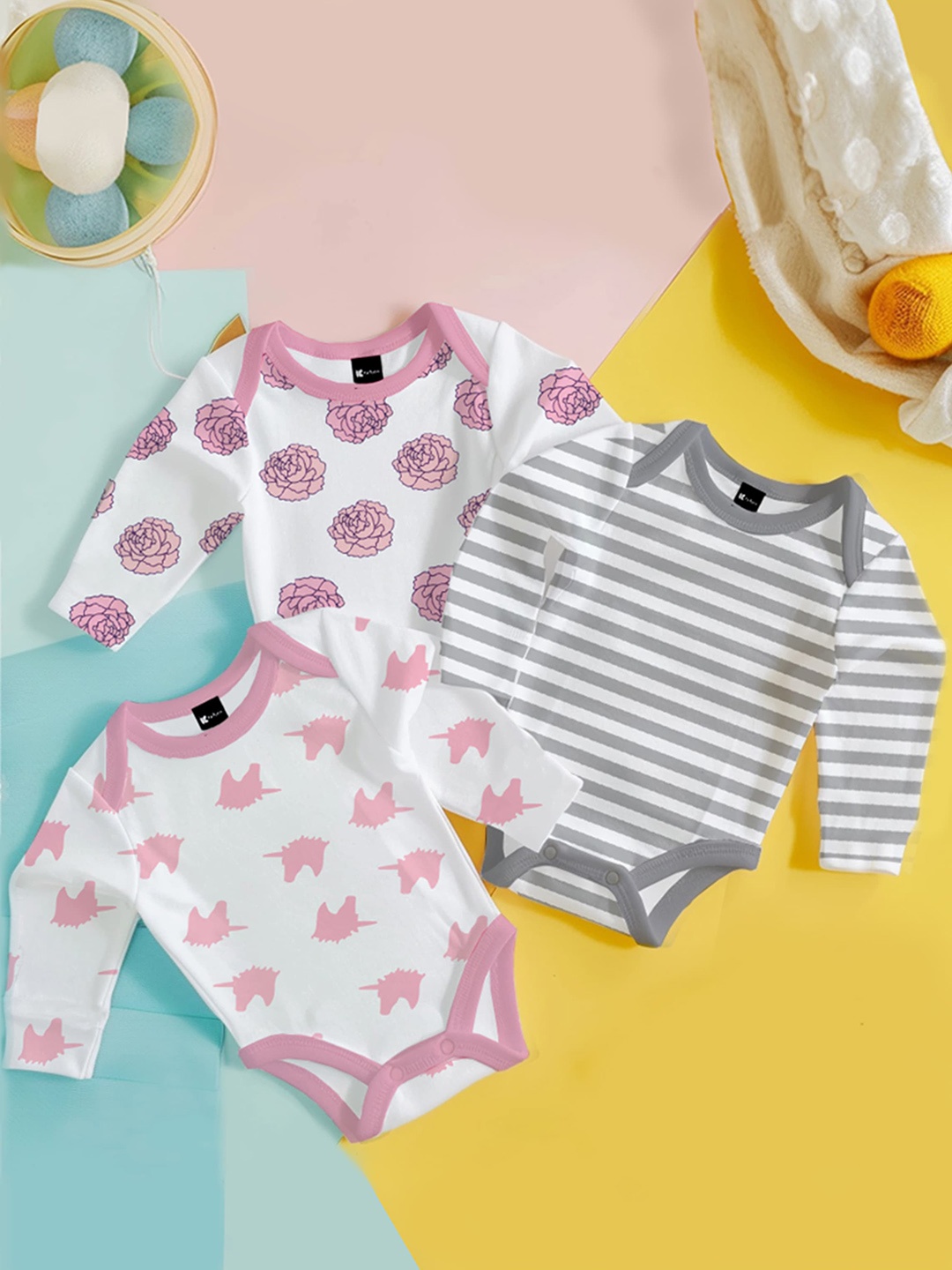 

Kidbea Infants Pack Of 3 Printed Organic Cotton Bodysuits, White