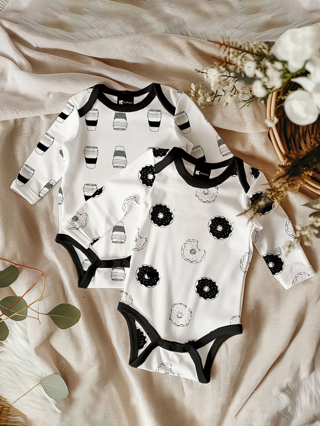 

Kidbea Pack Of 2 Infants Printed Pure Organic Cotton Bodysuits, Black