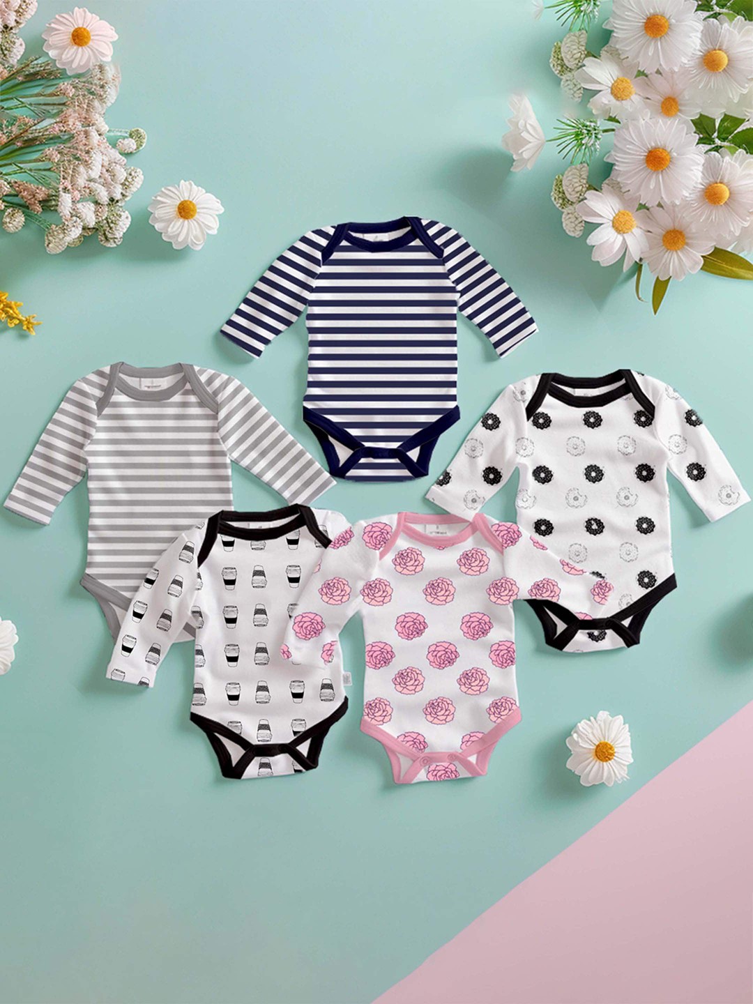 

Kidbea Infants Pack Of 5 Printed Organic Cotton Bodysuit, Grey