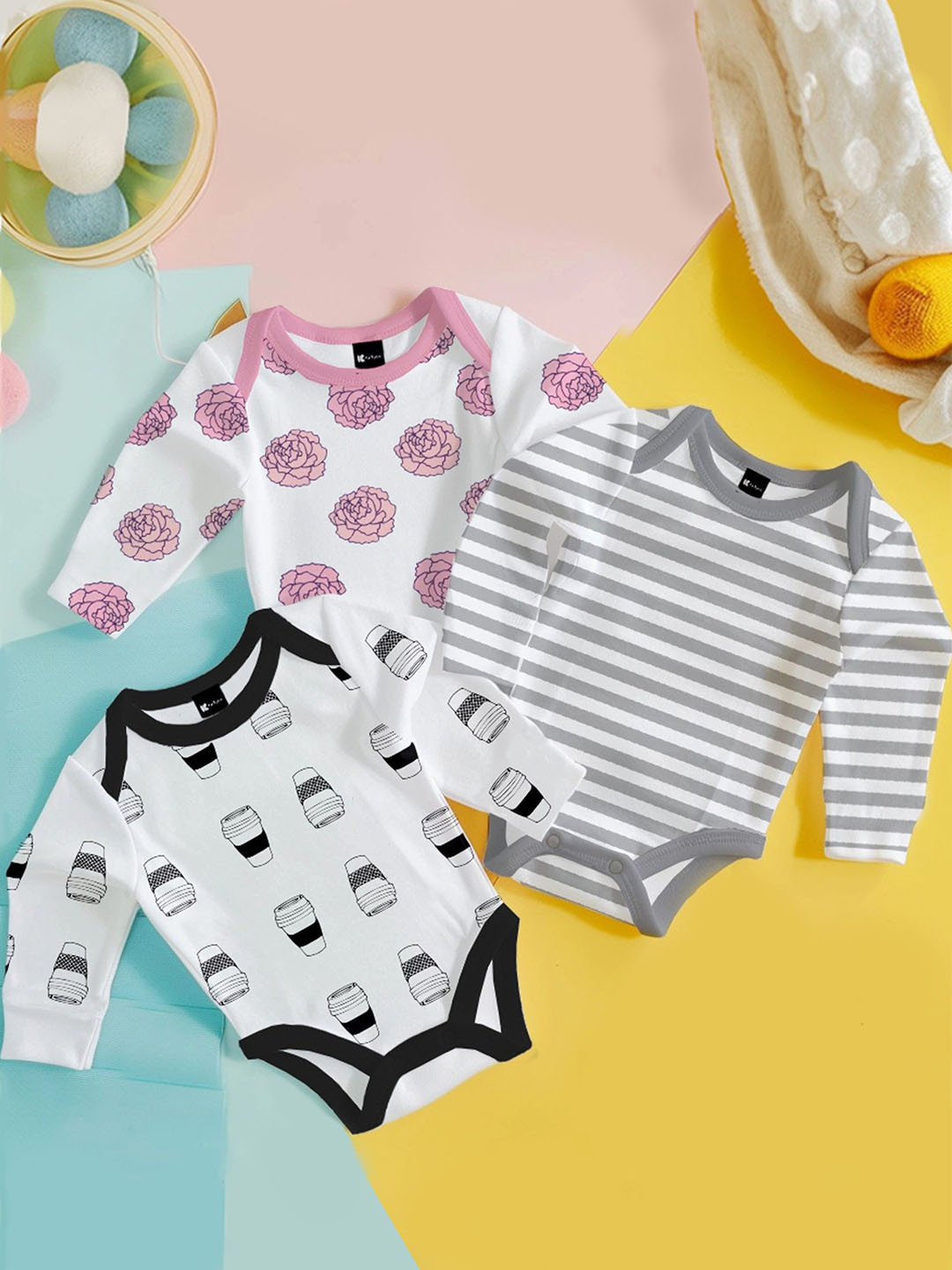 

Kidbea Kids Infants Pack Of 3 Printed Organic Cotton Bodysuit, Grey