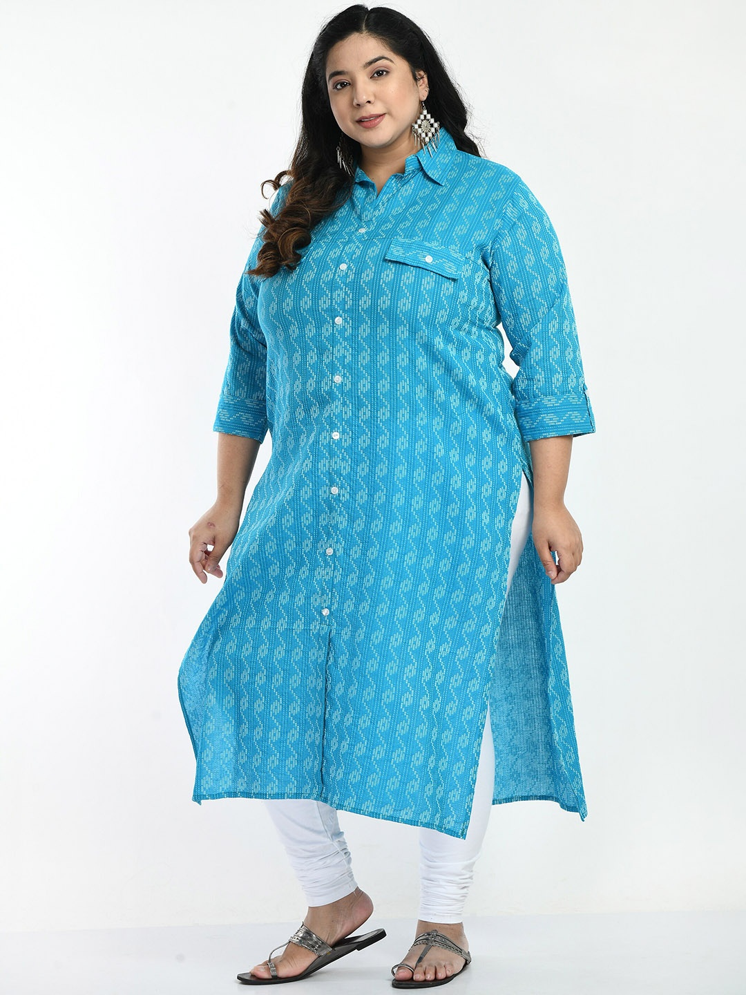 

AnjuShree Choice Plus Size Geometric Printed Shirt Collar Straight Kurta, Blue