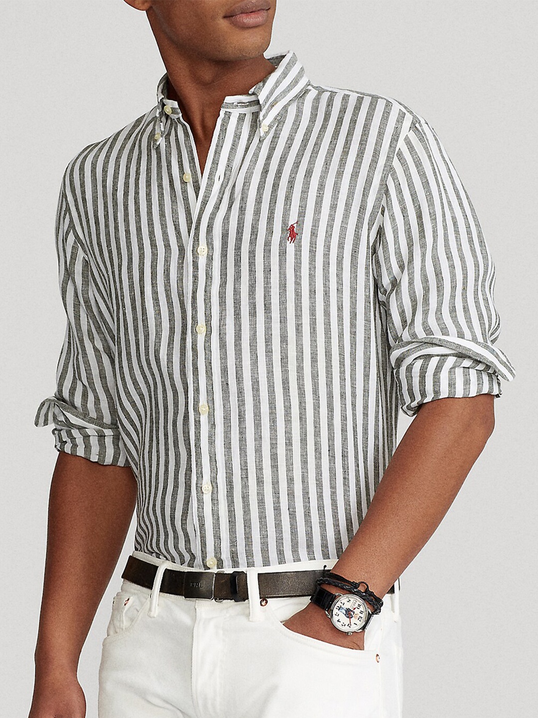 

Polo Ralph Lauren Striped Button-Down Collar Linen Custom Fit Shirt, White