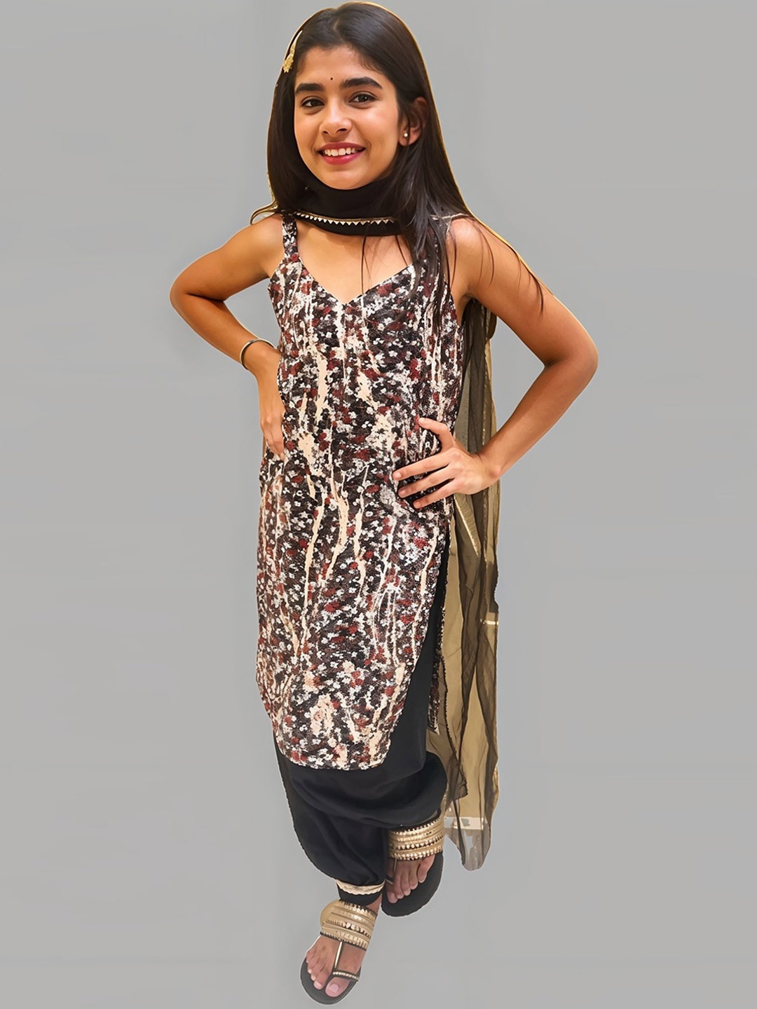 

Unique Designers Girls Floral Printed Regular Kurta with Salwar & With Dupatta, Brown