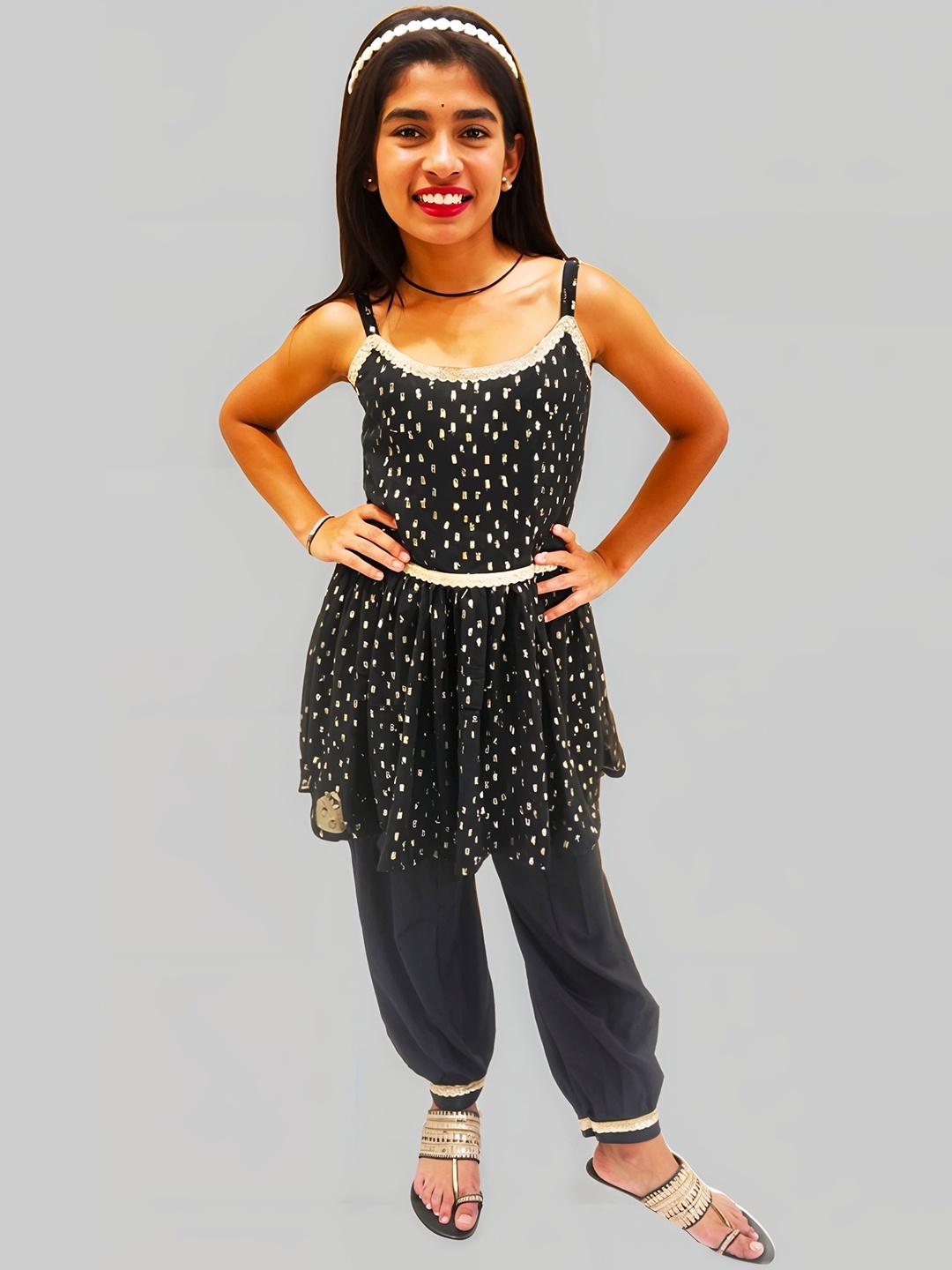 

Unique Designers Girls Printed Regular Kurti with Salwar, Black
