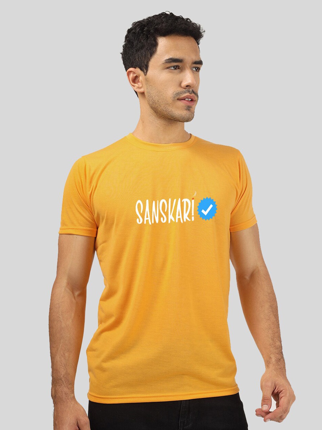 

Greylongg Men Typography Round Neck T-shirt, Mustard