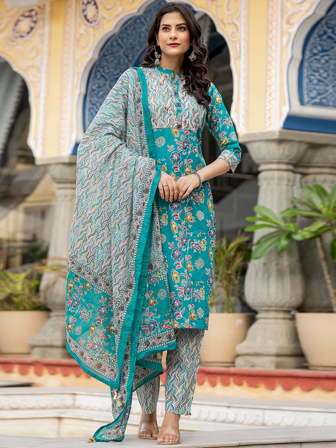 

Peachmode Floral Printed Thread Work Pure Cotton Straight Kurta With Trousers & Dupatta, Blue