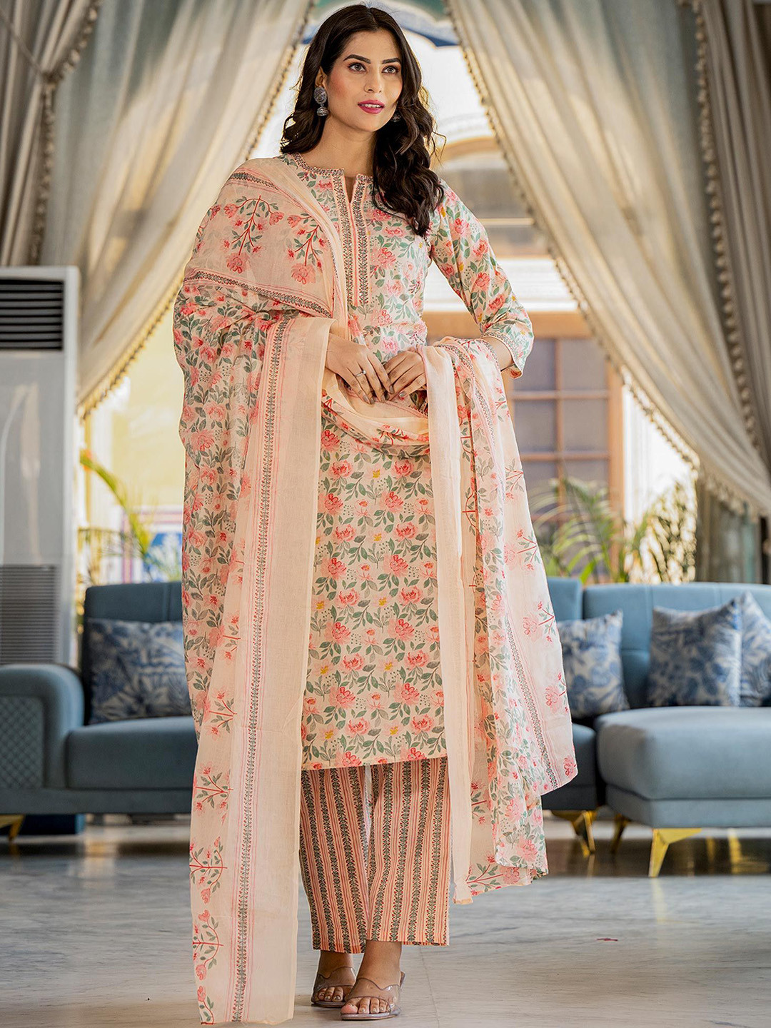 

Peachmode Floral Printed Sequinned Pure Cotton Straight Kurta With Trousers & Dupatta, Peach