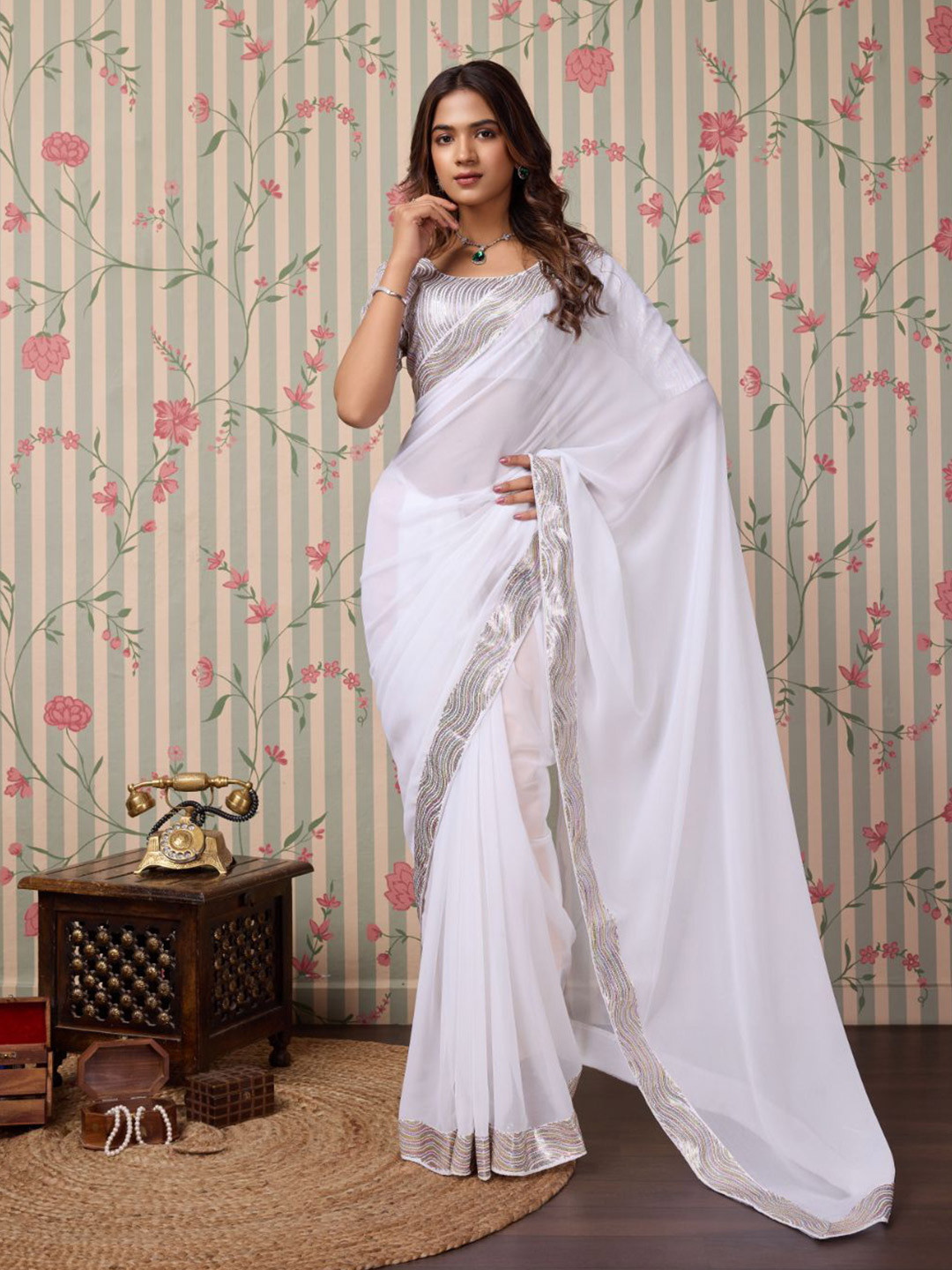 

Ode by House of Pataudi Sequinned Poly Georgette Saree, White