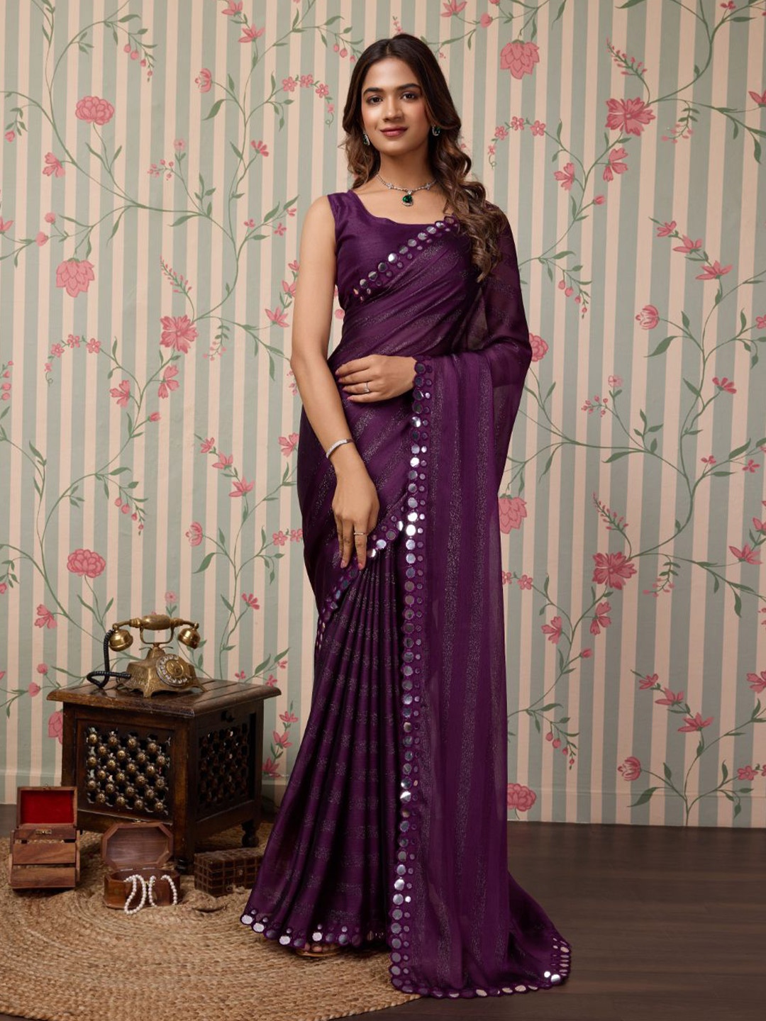 

Ode by House of Pataudi Mirror Work Saree, Purple