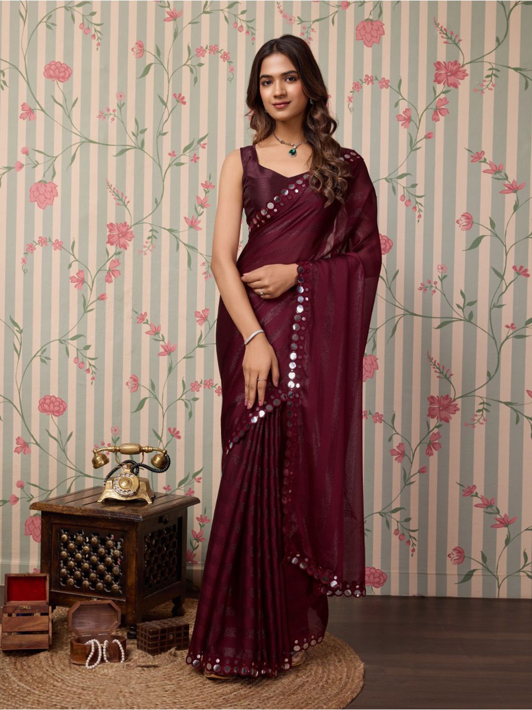 

Ode by House of Pataudi Striped Mirror Work Saree, Brown