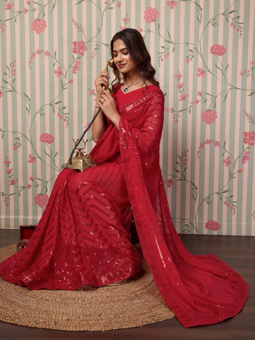 Ode by House of Pataudi Embellished Sequinned Poly Georgette Saree, Red