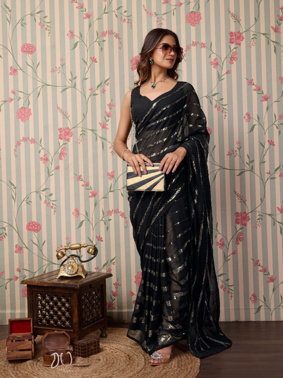 

Ode by House of Pataudi Embellished Sequinned Poly Georgette Saree, Black