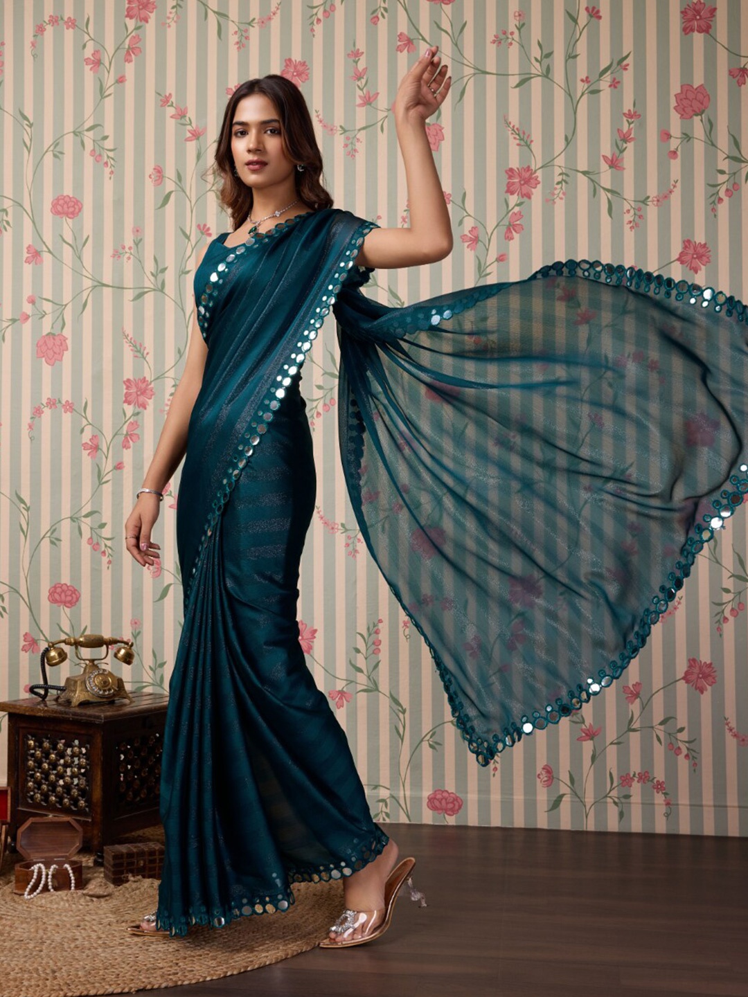 

Ode by House of Pataudi Striped Mirror Work Saree, Teal