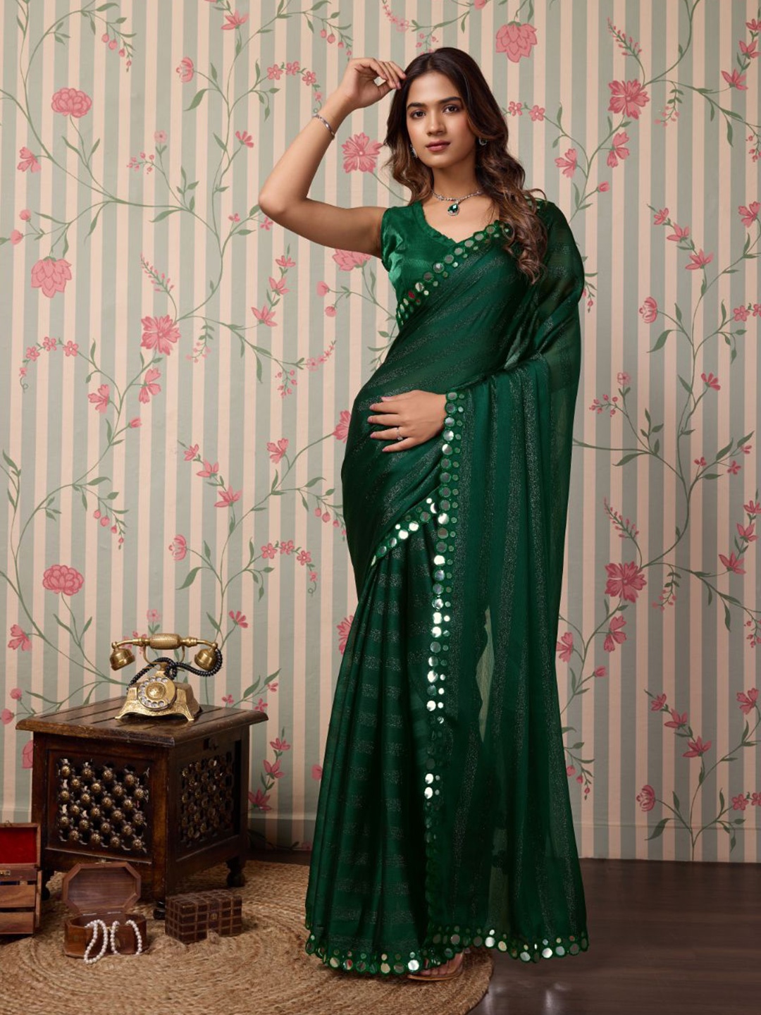 

Ode by House of Pataudi Striped Mirror Work Saree, Green