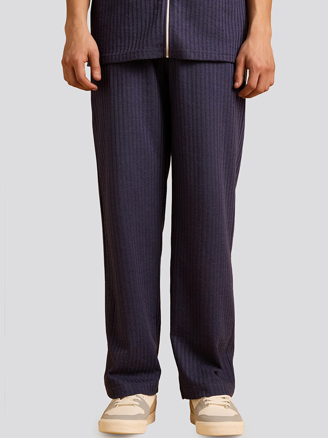 

Muvazo Ribbed Shirt Collar Neck Shirt With Trousers Co-Ords, Navy blue