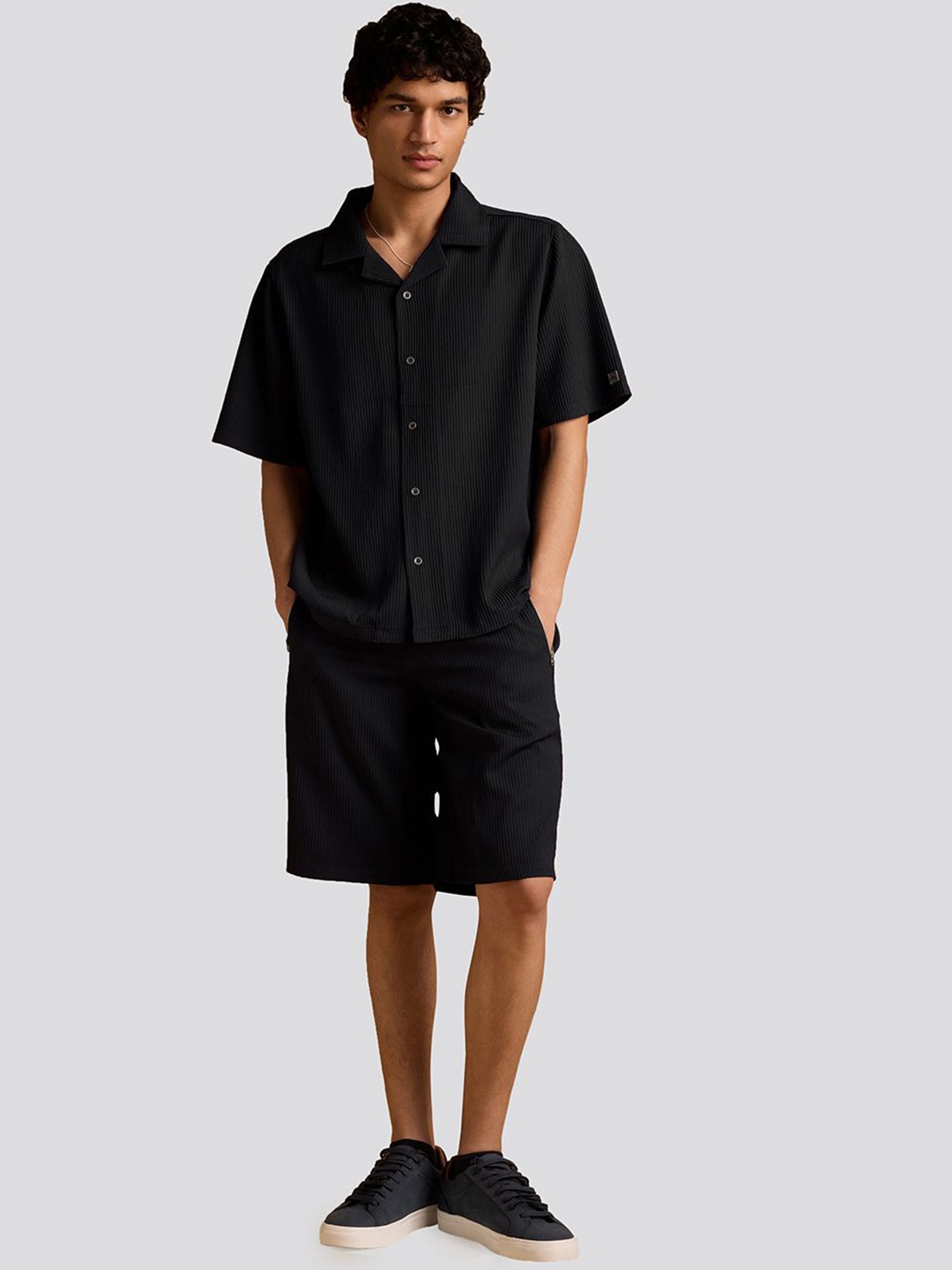 

Muvazo Self Design Shirt Collar Neck Shirt With Shorts Co-Ords, Black