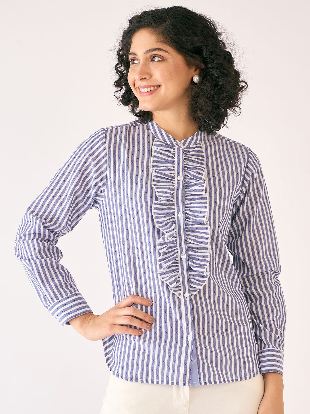 

SALT ATTIRE Tailored Fit Vertical Stripes Ruffles Cotton Casual Shirt, White