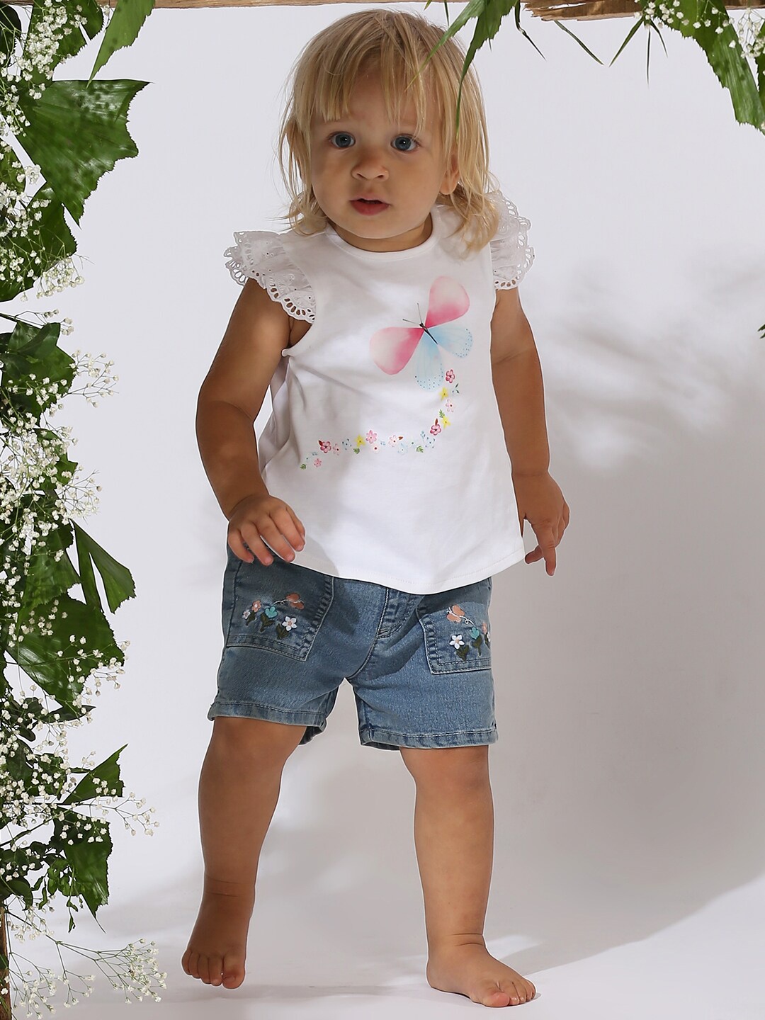 

My Milestones Girls Printed Pure Cotton Top with Shorts, White