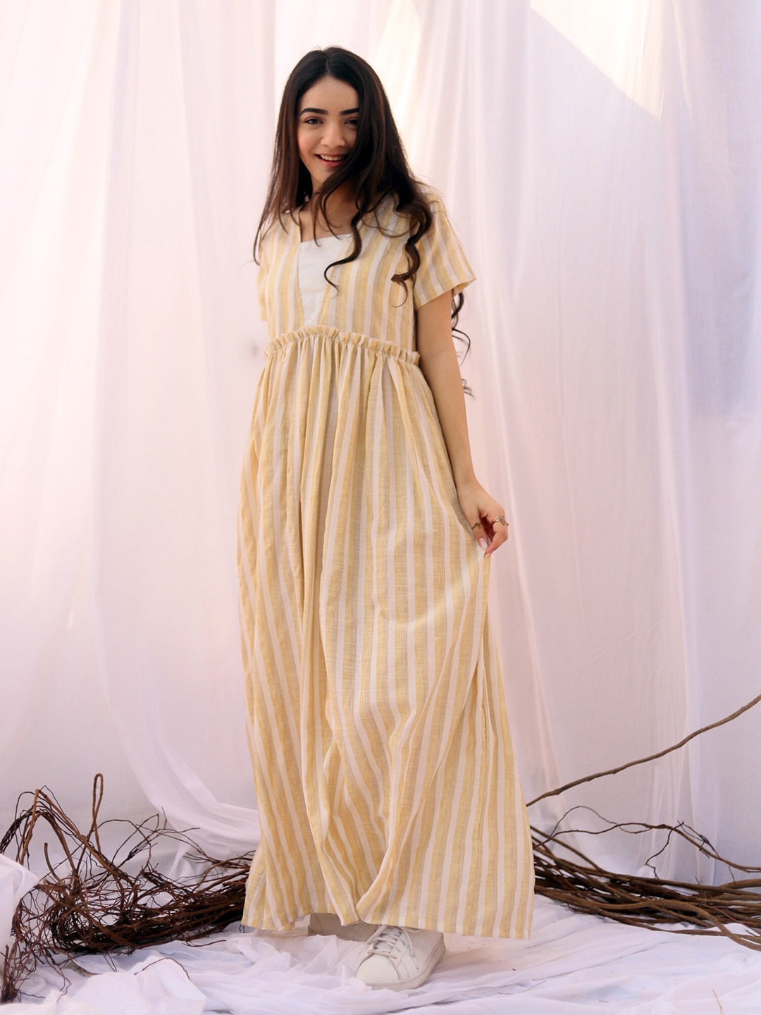 

SPARROW Striped Gathered Cotton Maxi A-Line Dress, Off white