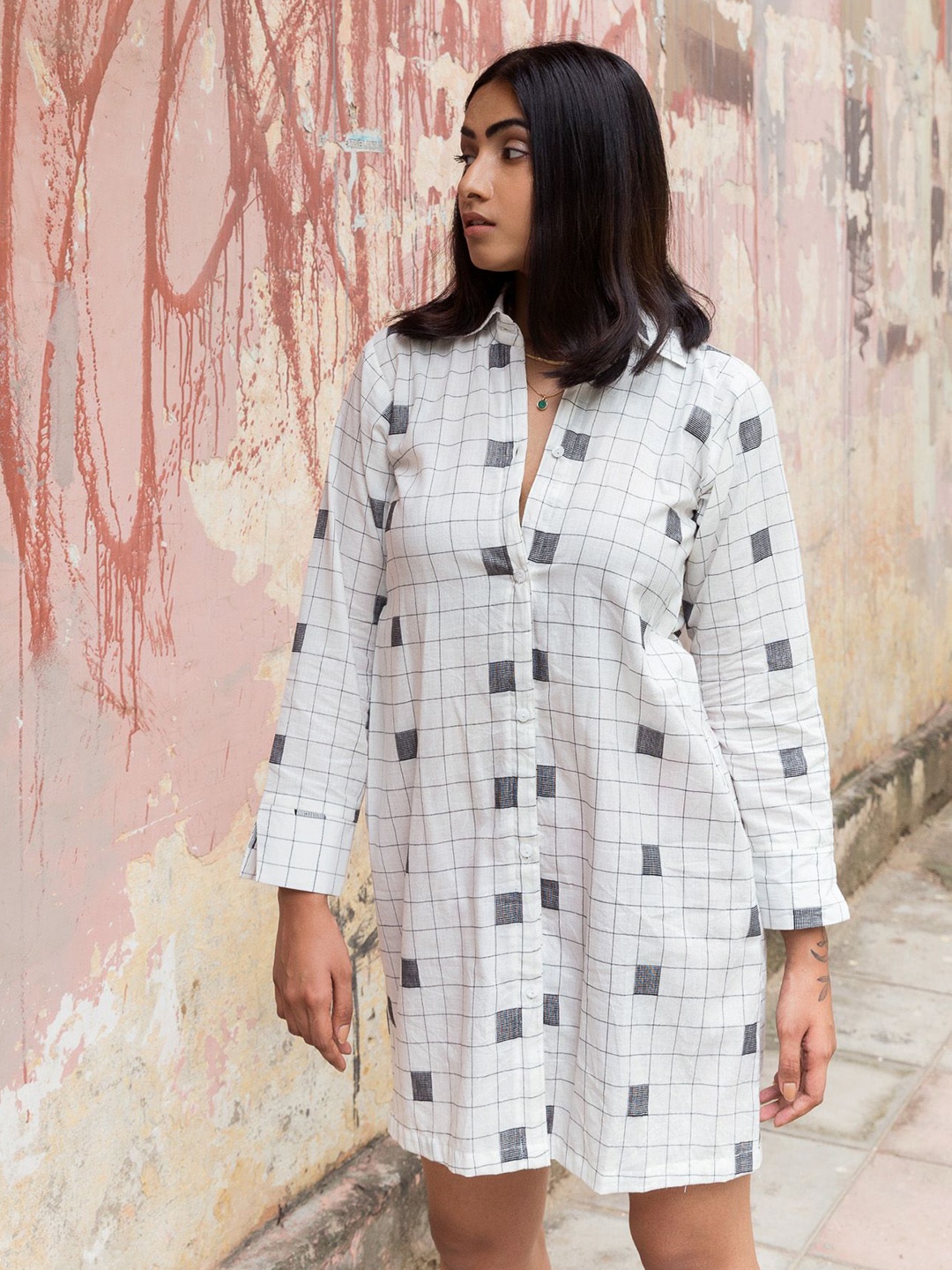 

SPARROW Checked Cotton Mini Shirt Dress, Off white