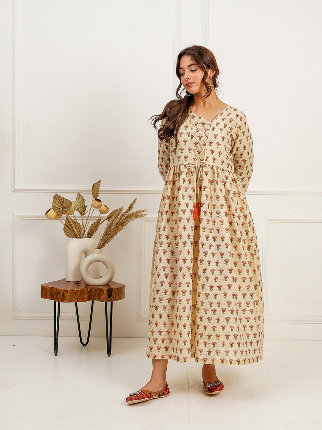 

SPARROW Ethnic Motifs Printed Tie-Ups Cotton Maxi A-Line Dress, Cream