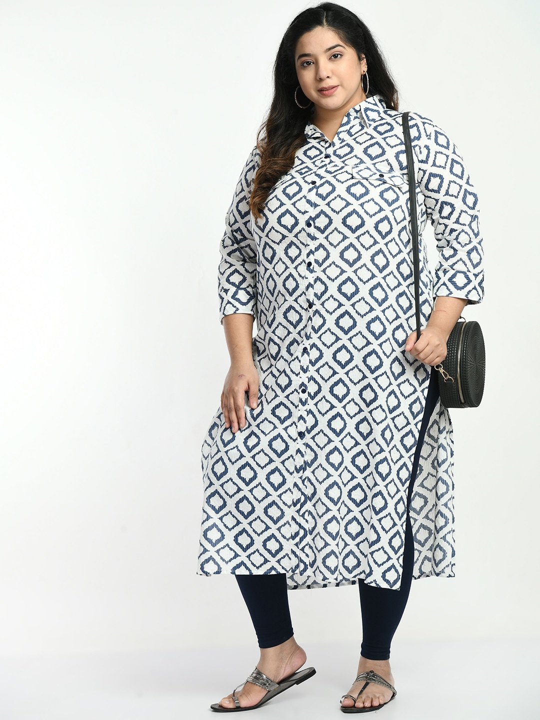 

AnjuShree Choice Plus Size Geometric Printed Shirt Collar Straight Kurta, White