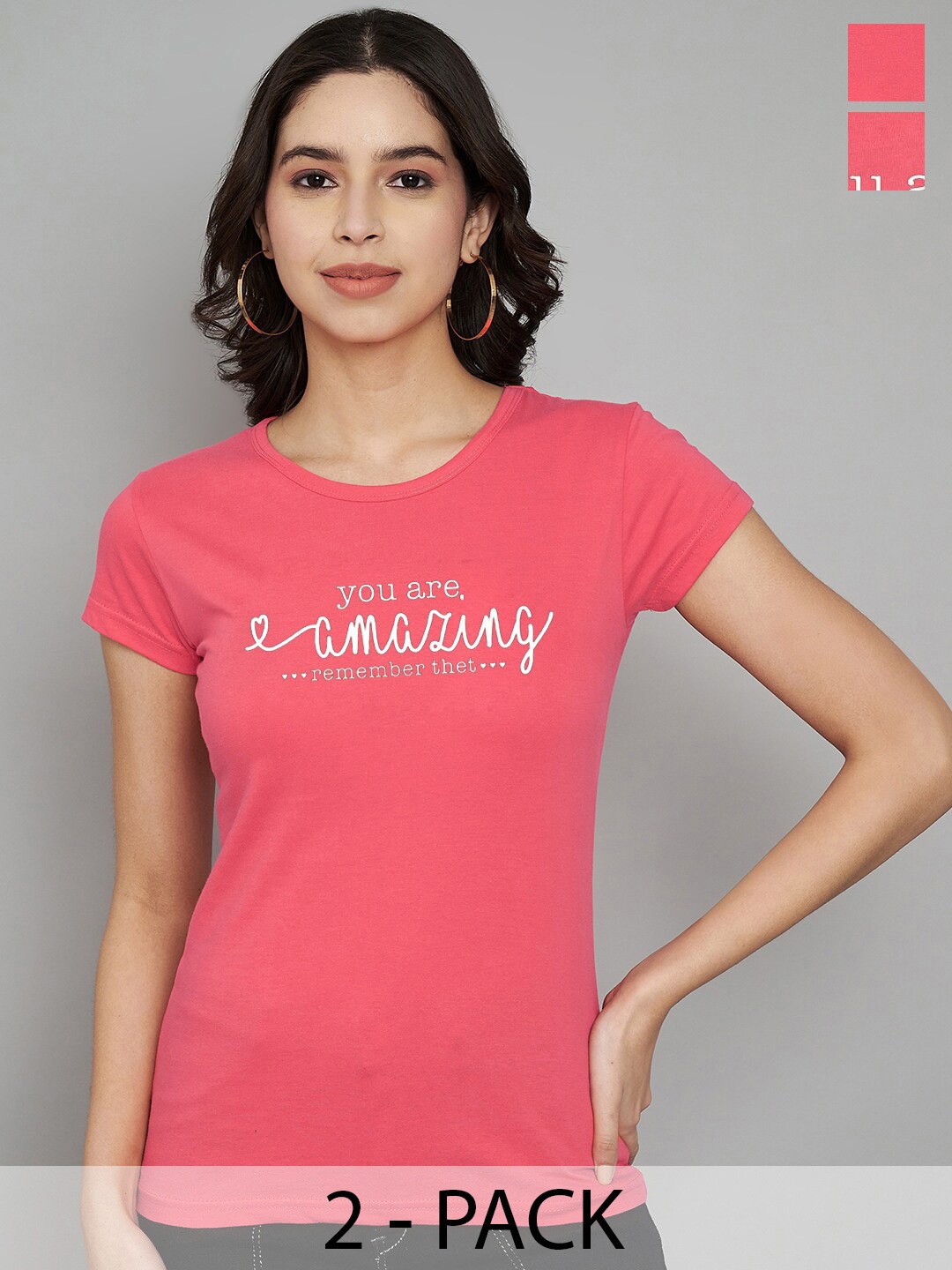 

Trend Level Women Pack Of 2 Typography Printed T-shirt, Coral
