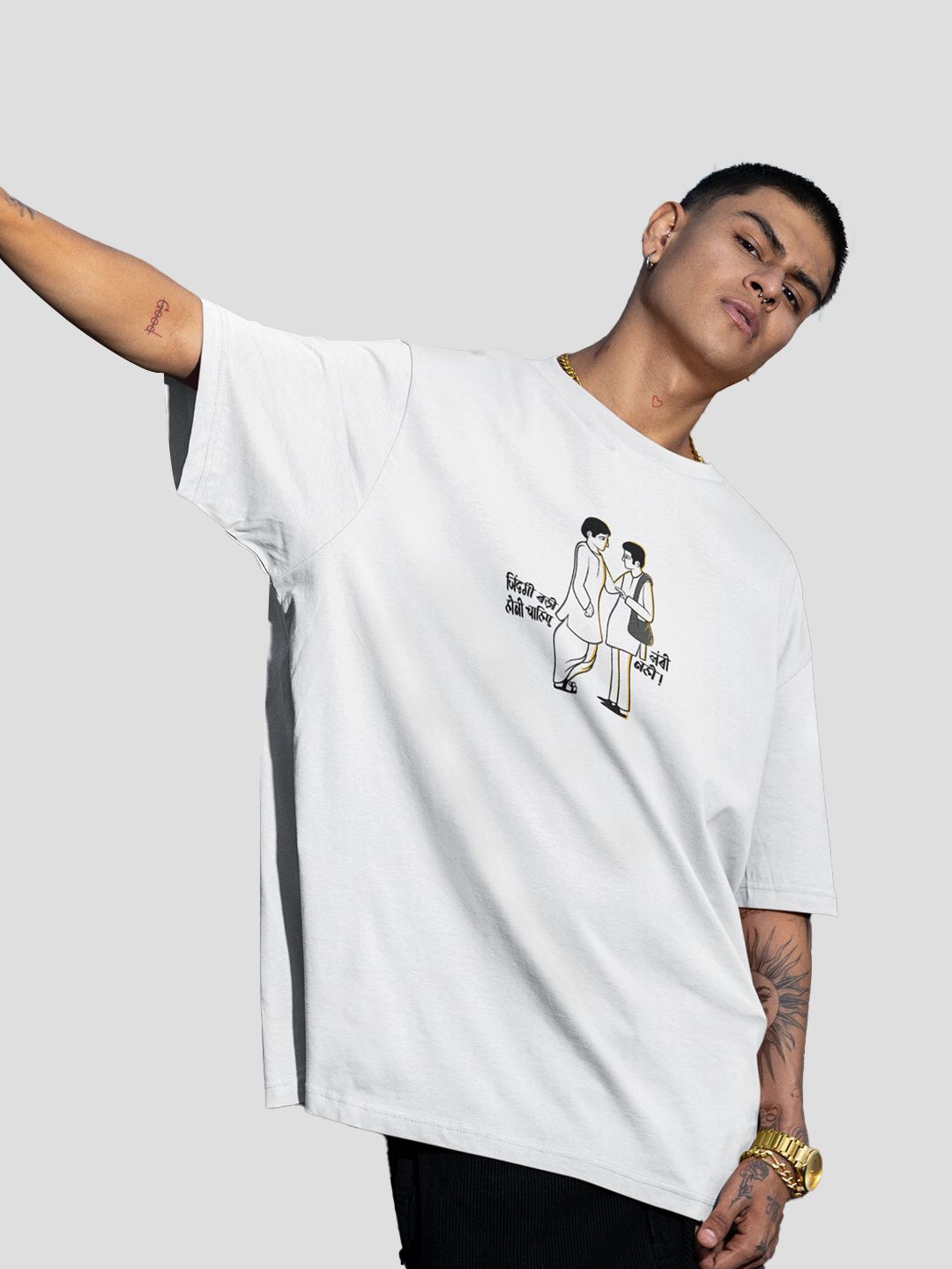 

BOLLYWOO.OOO Unisex Printed Bio Finish Oversized T-shirt, White