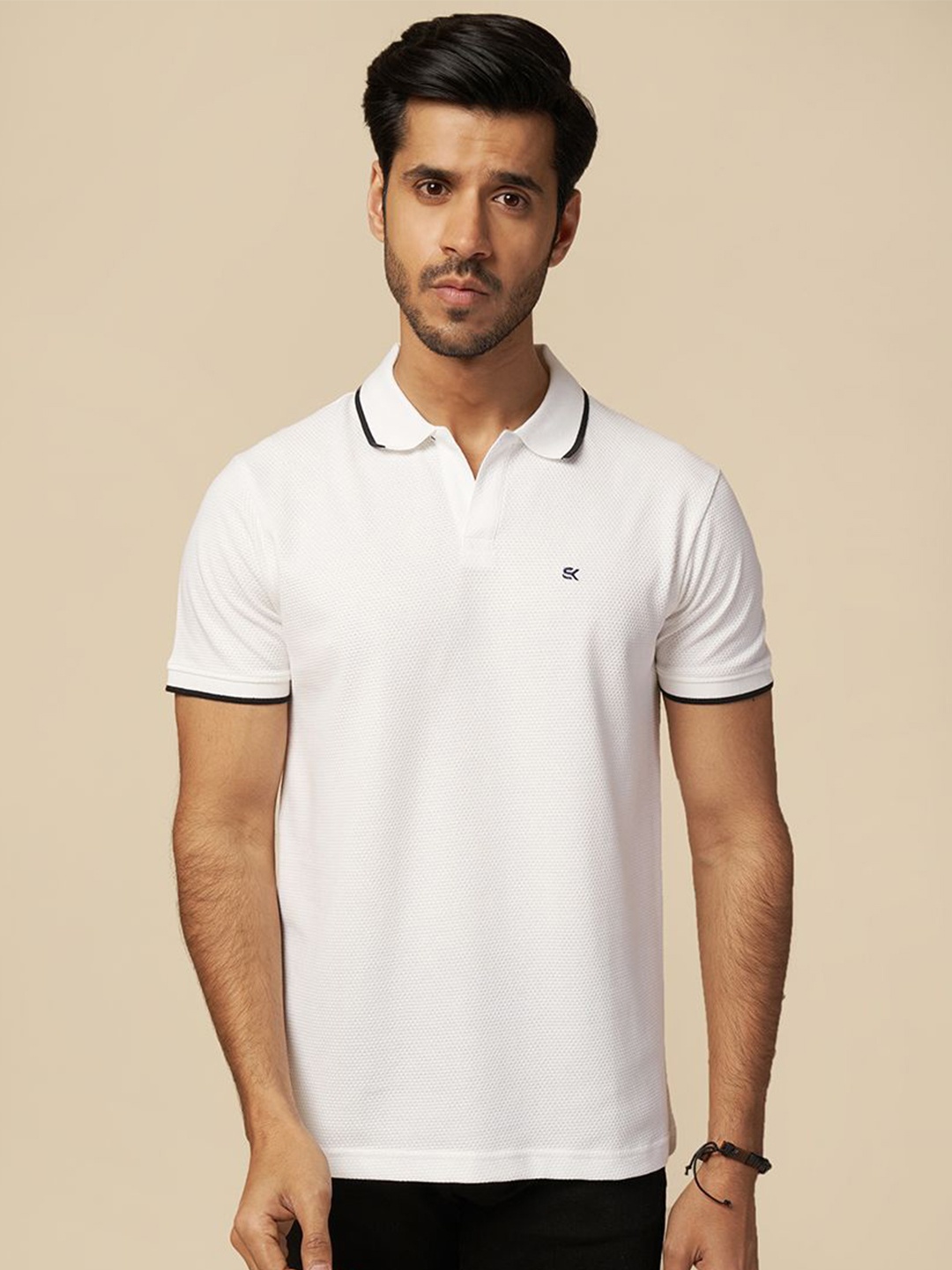 

ONE SKY Men Polo Collar Applique T-shirt, White