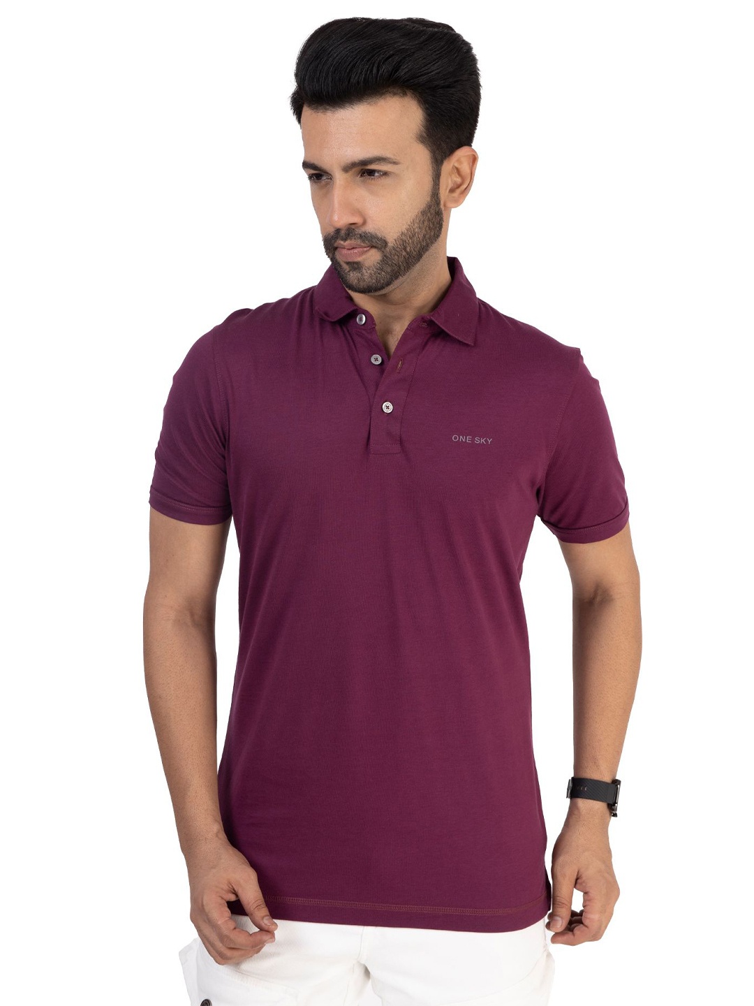 

ONE SKY Men Solid Polo Collar T-shirt, Purple