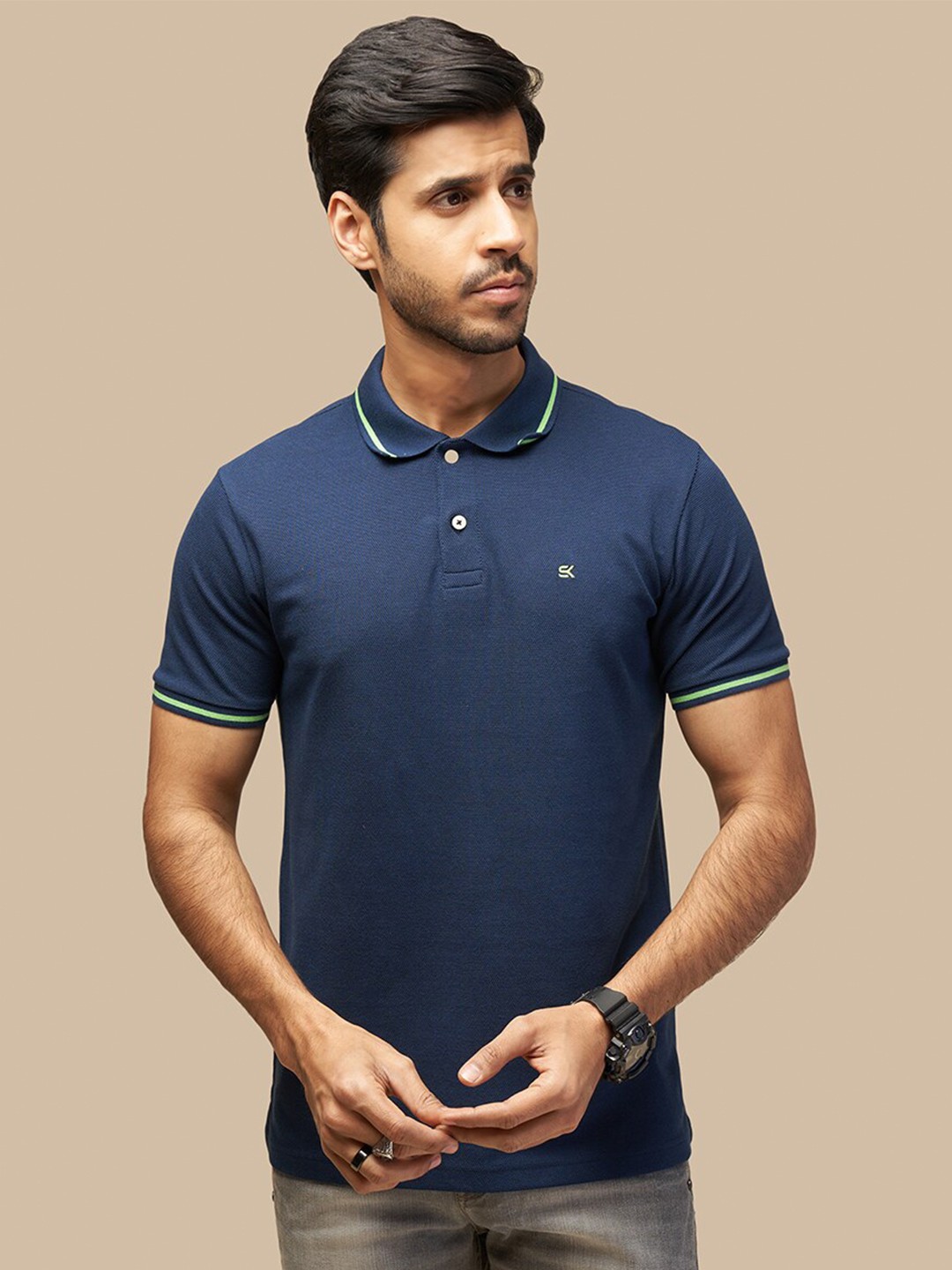 

ONE SKY Men Polo Collar Applique T-shirt, Navy blue