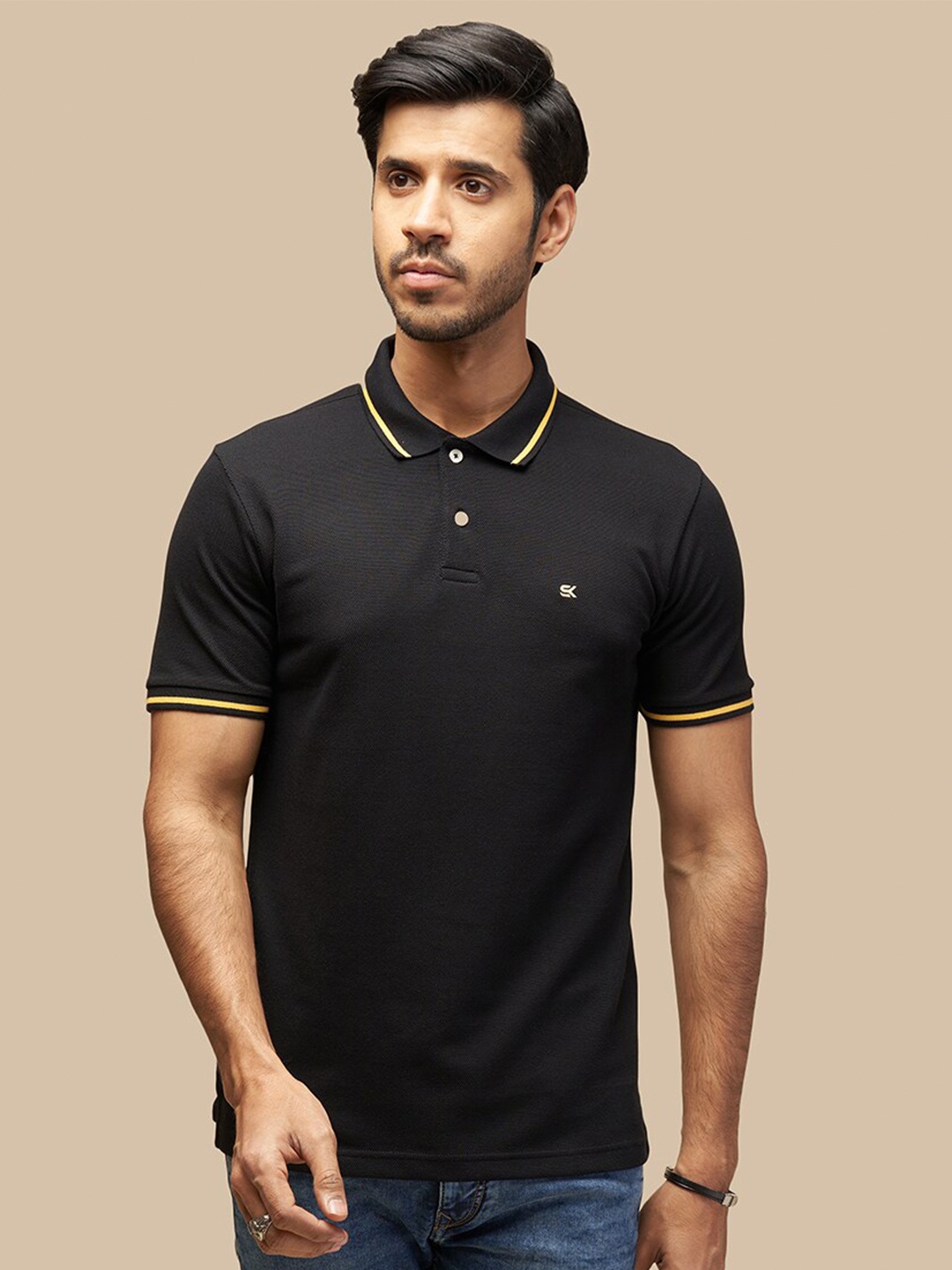 

ONE SKY Men Polo Collar Applique T-shirt, Black