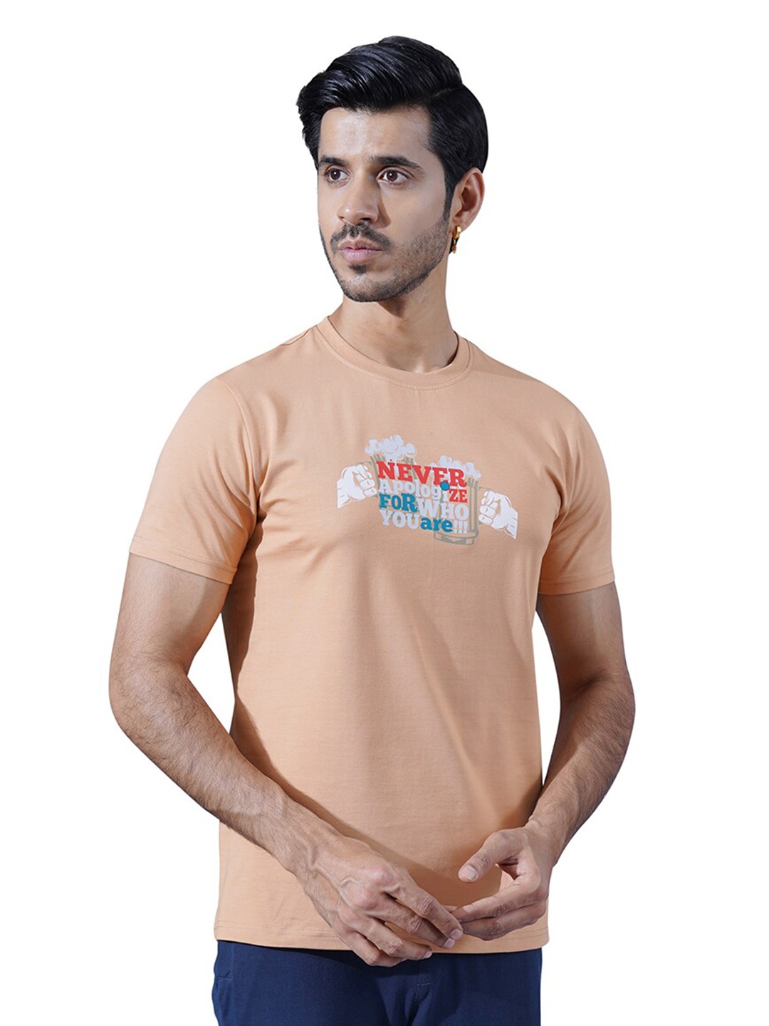 ONE SKY Men Typography Printed Round Neck T-shirt, Beige